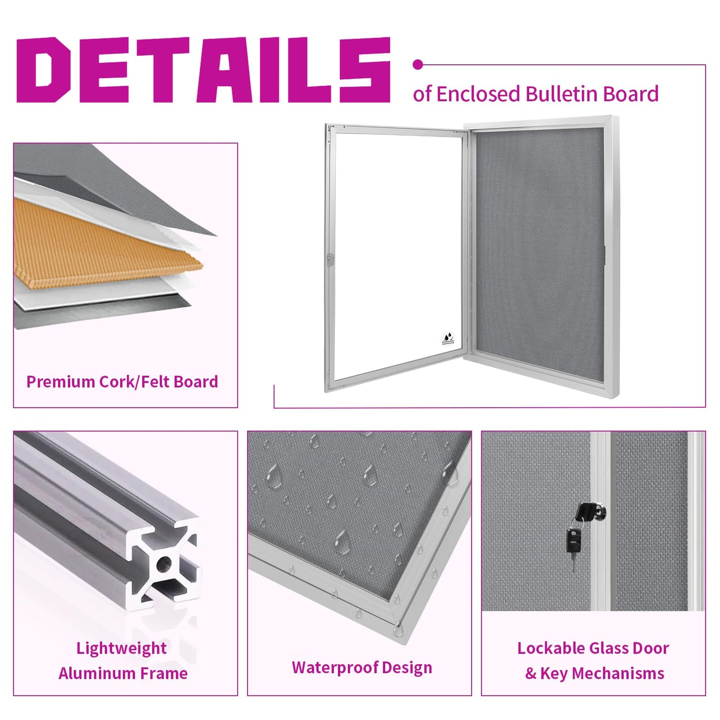 Outdoor Weatherproof Enclosed Fabric Bulletin Board,Noticeboard Case with Lockable Glass Door,Silver Aluminum Frame, 36x24 Inch (5xA4)