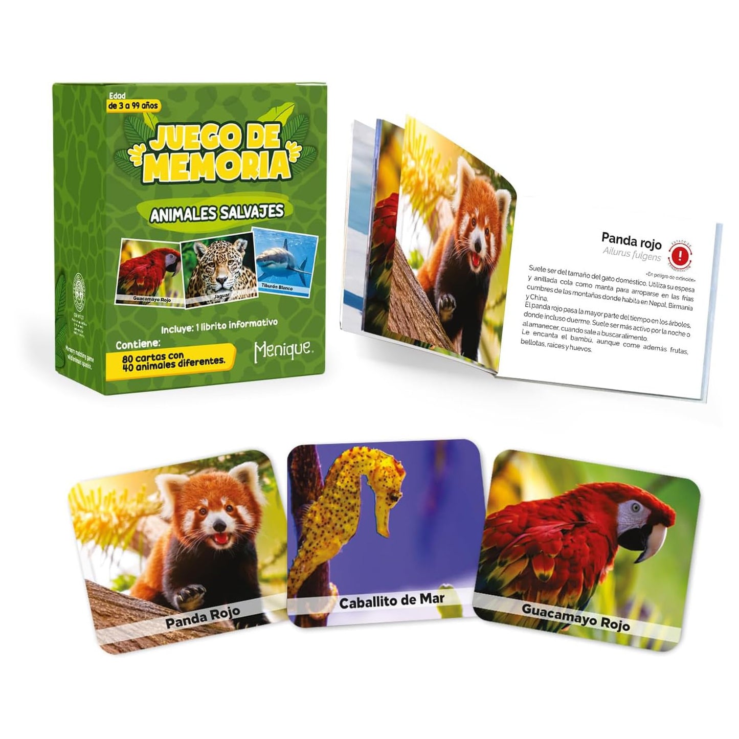 Menique Wild Animals Memory Matching Game – Spanish Edition – 80 Cards (40 Pairs) with Real Photos – Educational Game in Spanish for Kids and Adults – Includes Booklet