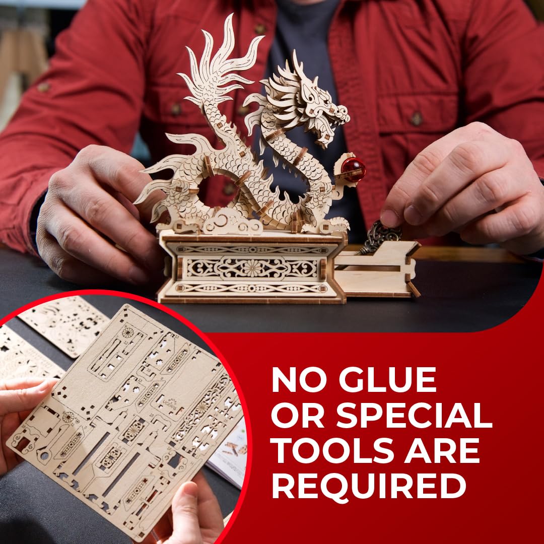 UGEARS Wood Dragon 3D Puzzle – 3D Wooden Puzzles for Adults, Wooden Models for Adults to Build, Mechanical Puzzle Box with Hidden Compartment, DIY Model Kit, Brain Teaser, Unique Chinese Dragon Gift