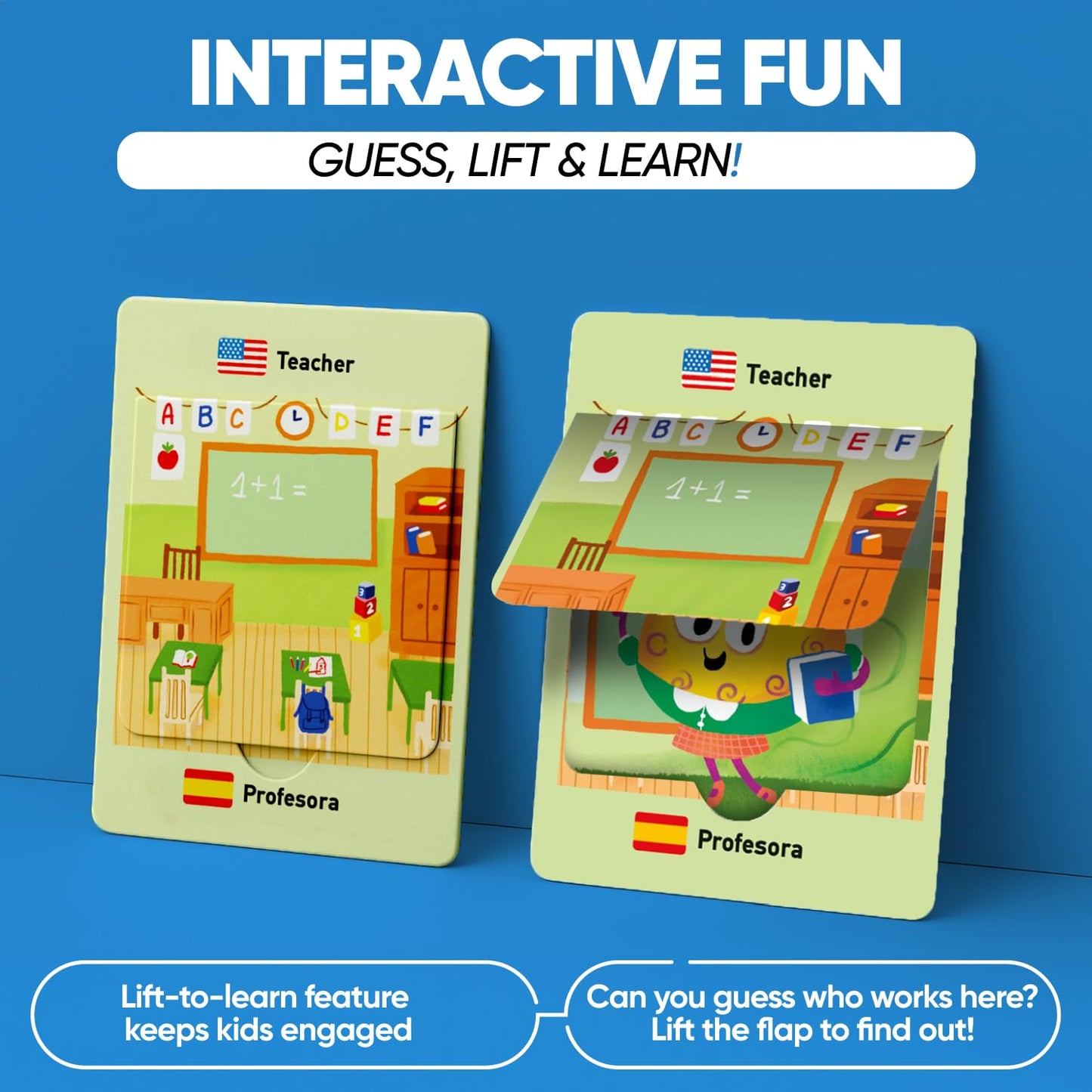 Kidrox Career & Professions Flash Cards, English Learning Cards with Spanish Translations, Interactive Open & Cover, 30 Pack