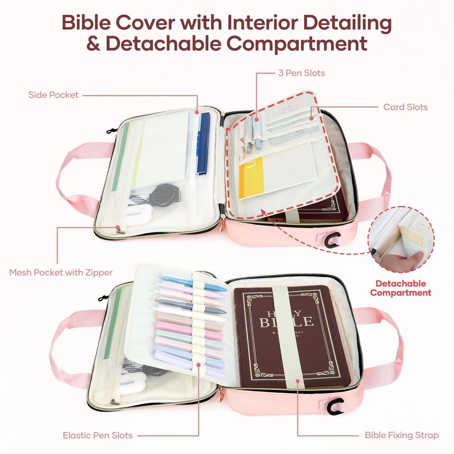 Bible Cover Case for Women, Large Bible Bag with Removable Pencil Case, Shoulder Strap and Highlighters for Bible Study Supplies, Church Bag Carrying Journaling Kit, Christian Gift for Women