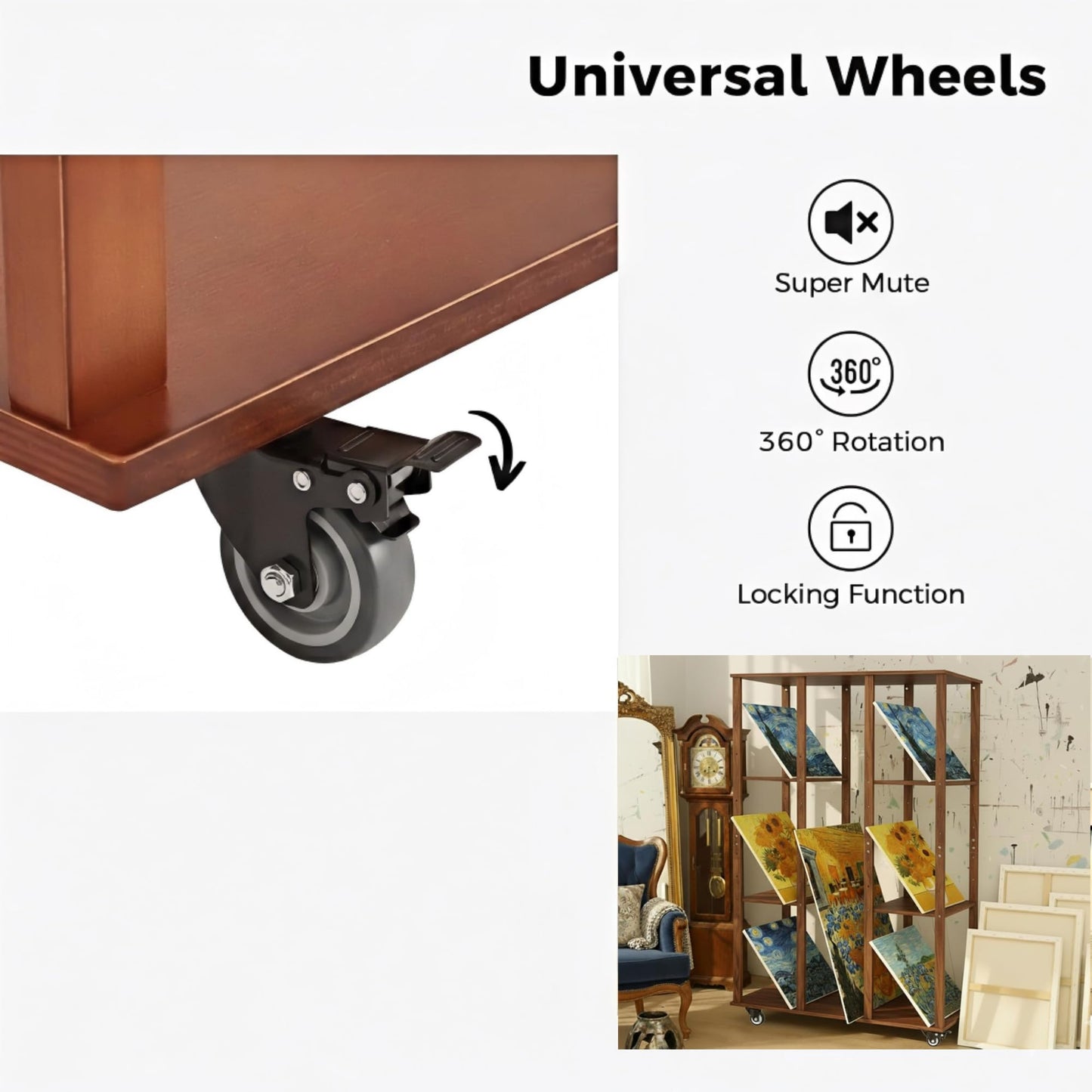 MOOFI Extra-Large Art Storage Rack with Wheels, Adjustable Display Wooden Drying Rack for Canvas, Panels, Prints and Artworks, Multi-Tier Art Organizer for Galleries, Classroom, Studios (Walnut)