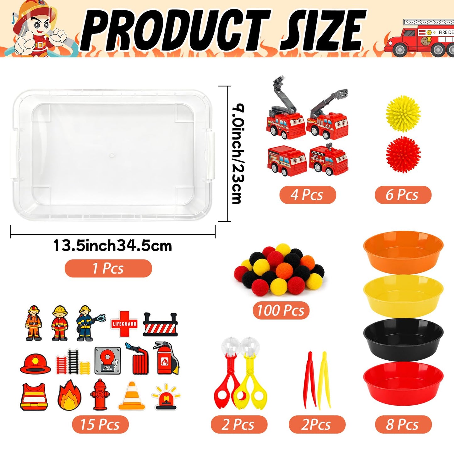 Cinrobiye 138 Pcs Firefighter Sensory Bin Fillers Set Fire Truck Rescue Theme Kit with Fireman Figures Traffic Barriers Storage Box for Fire Station Scene Setup and Learning Resources