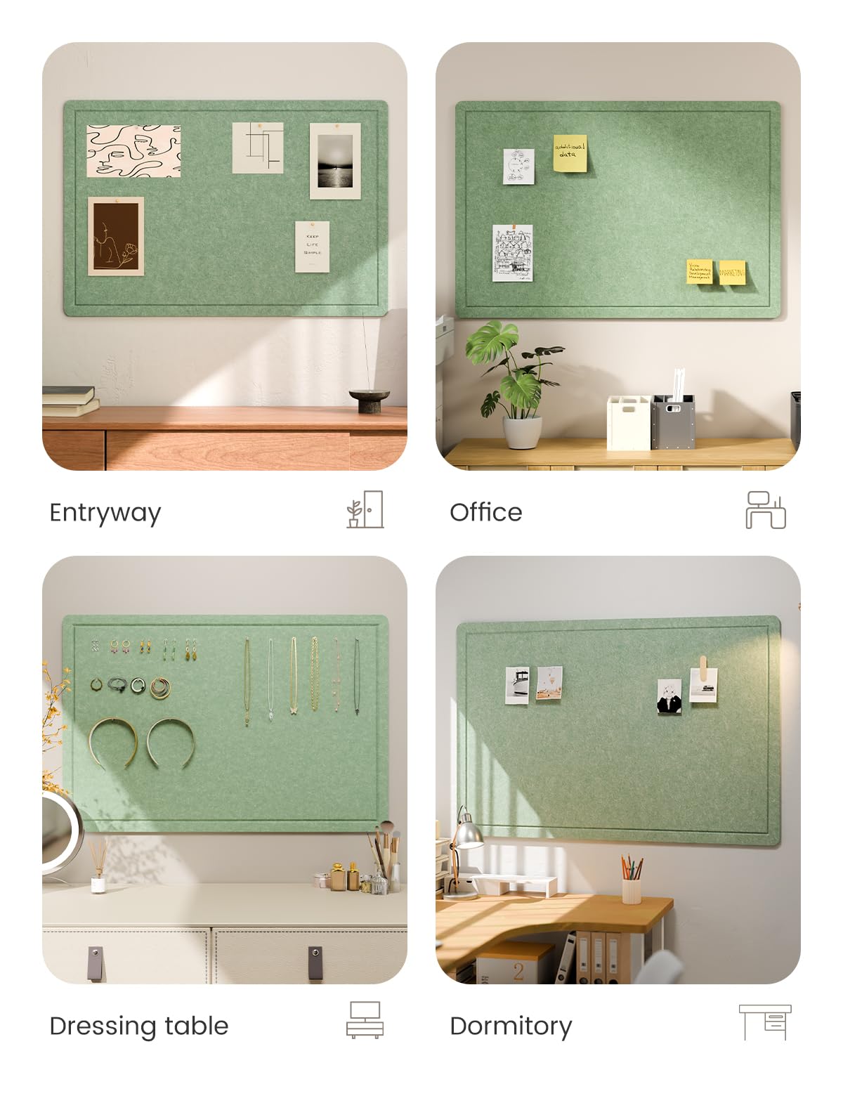 Fluxynara Bulletin Board,35.4" x 23.6" Cork Board Alternative with 12 Safe Removable Adhesive Tabs, Foldable Felt Pin Board for Home Office, Classroom, Bedroom,Entryway for Walls—Moss Green
