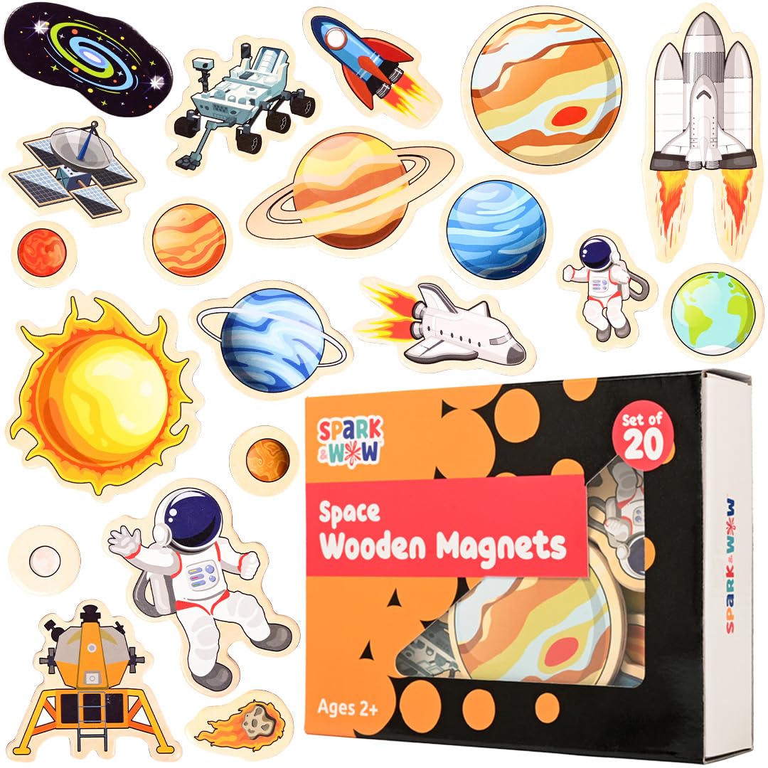 SPARK & WOW Wooden Magnets | Space | Set of 20 | Magnets for Kids Ages 2+ | Adhere to Fridges, Whiteboards and More