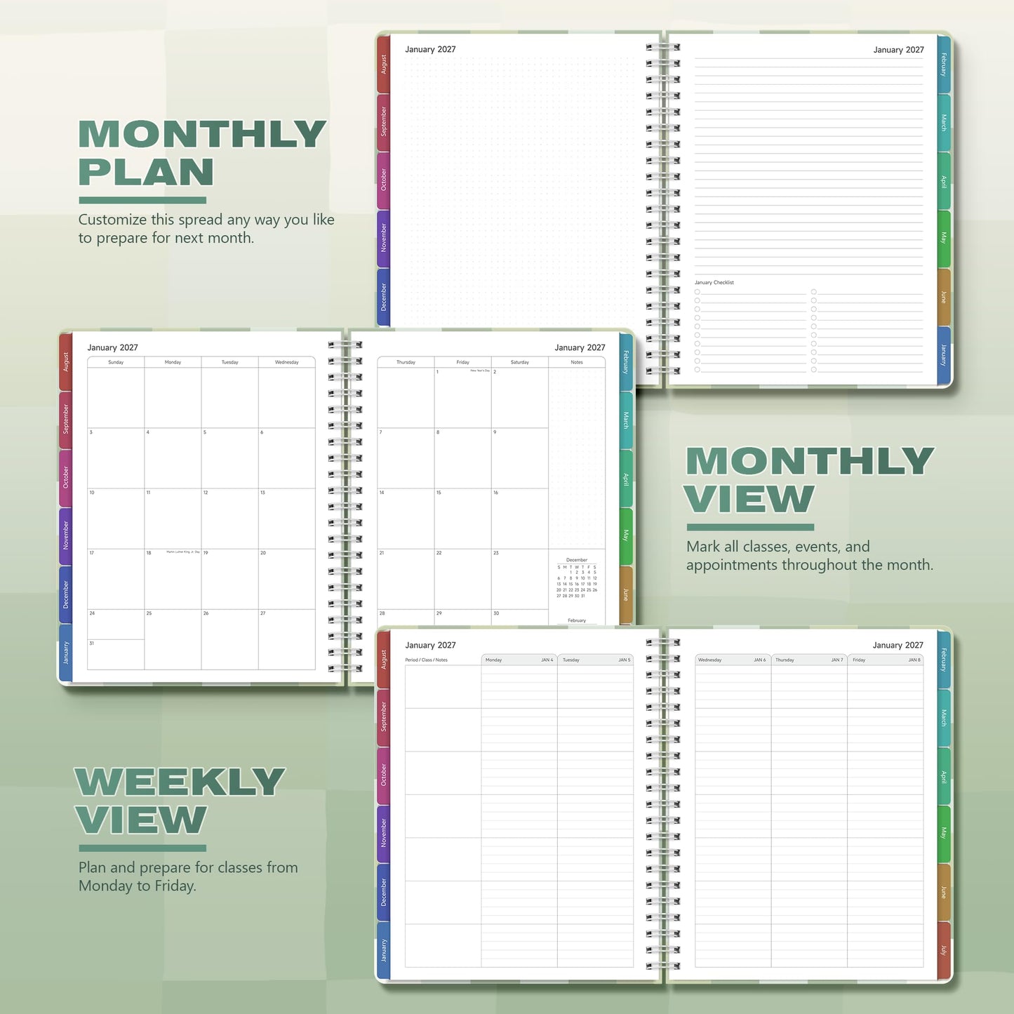 Teacher Lesson Planner 2026-2027 Academic Year, Aug 2026-Jul 2027, Deluxe 26-27 Lesson Plan Book for Teachers Supplies & Homeschool Planner with Pocket & Monthly Tabs, 8.5" x 11", Green Checkered