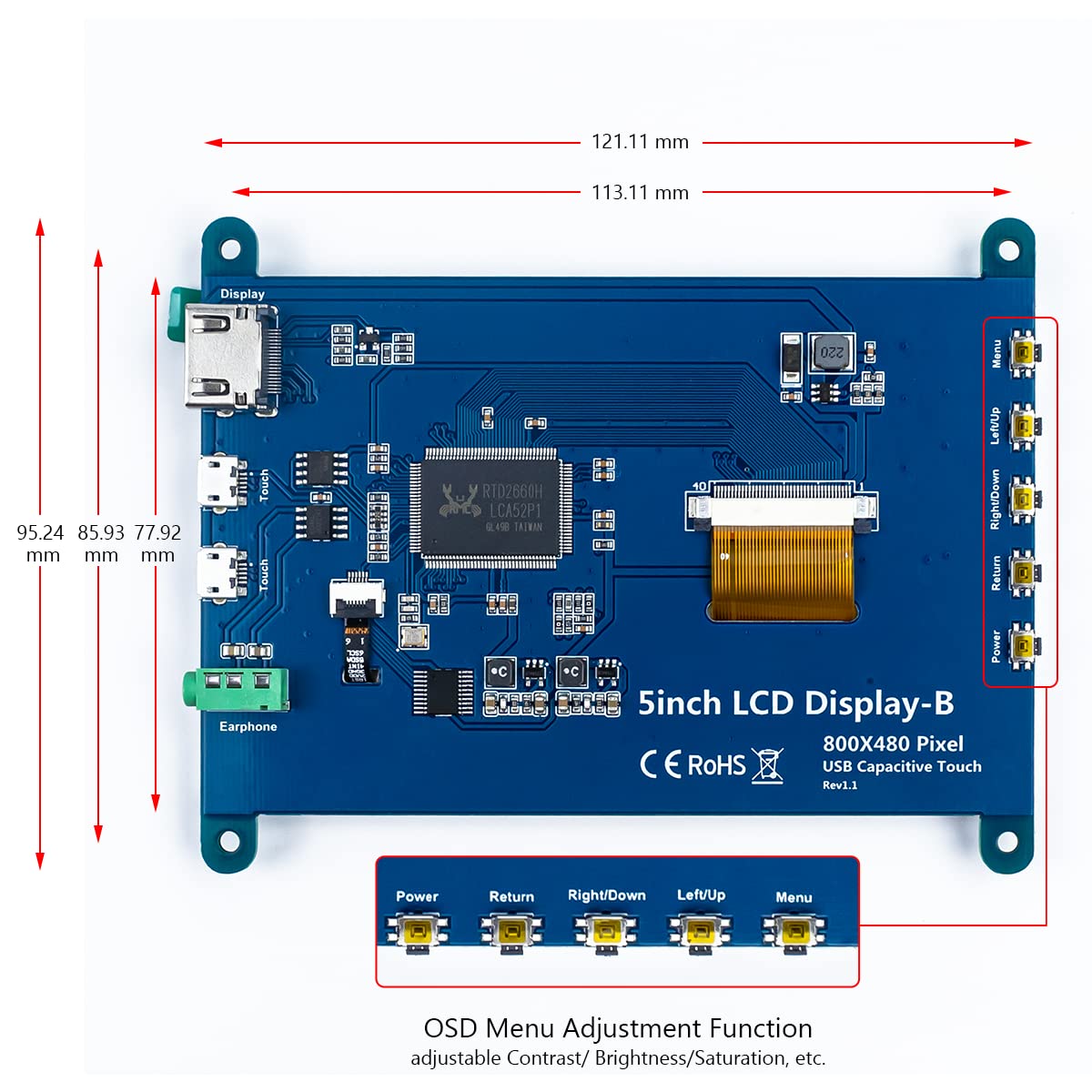 Hosyond 5 Inch IPS LCD Touch Screen Display Panel 800×480 Capacitive Screen HDMI Monitor for Raspberry Pi 5/4/3, BB Black, Windows 10 8 7