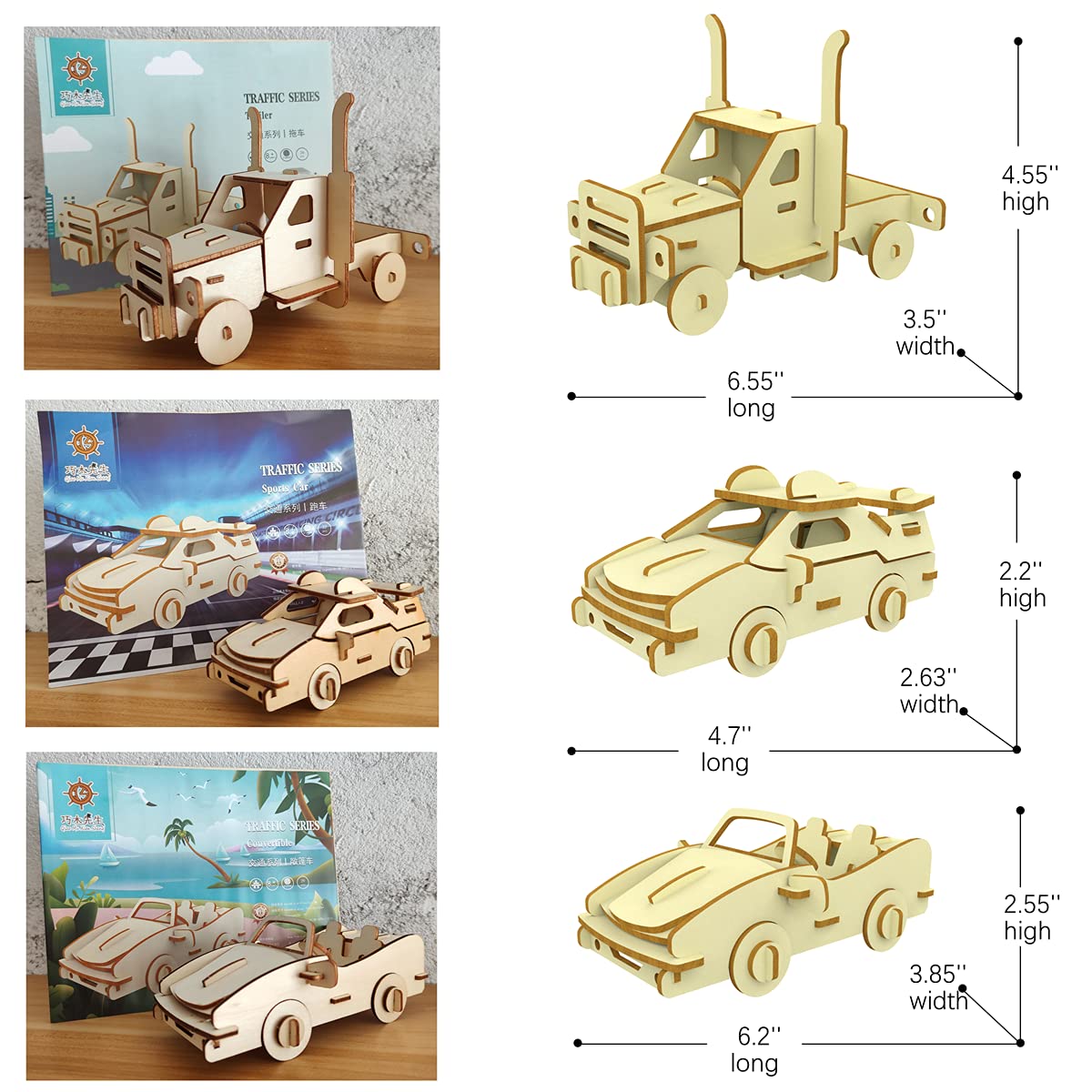 3D Wooden Puzzle - 6 Piece Set Wooden Car Brain Teaser Puzzle - DIY Assembly Car Building Model Kits - Wood STEM Toys Gifts for for Adults & Teens Birthday Gifts Christmas