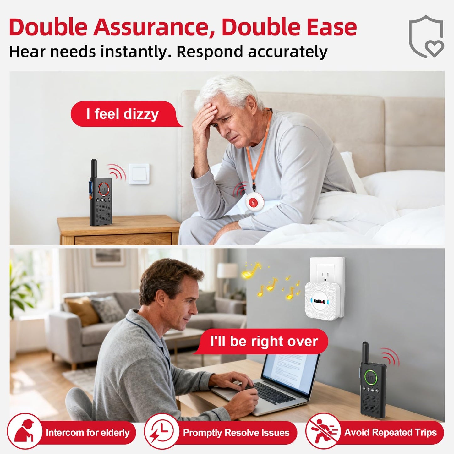 CallToU Caregiver Pager Wireless Alert Button Home Intercom System Long Range 2 Way Radio for Elderly/Patient/Pregnant/Home/Office