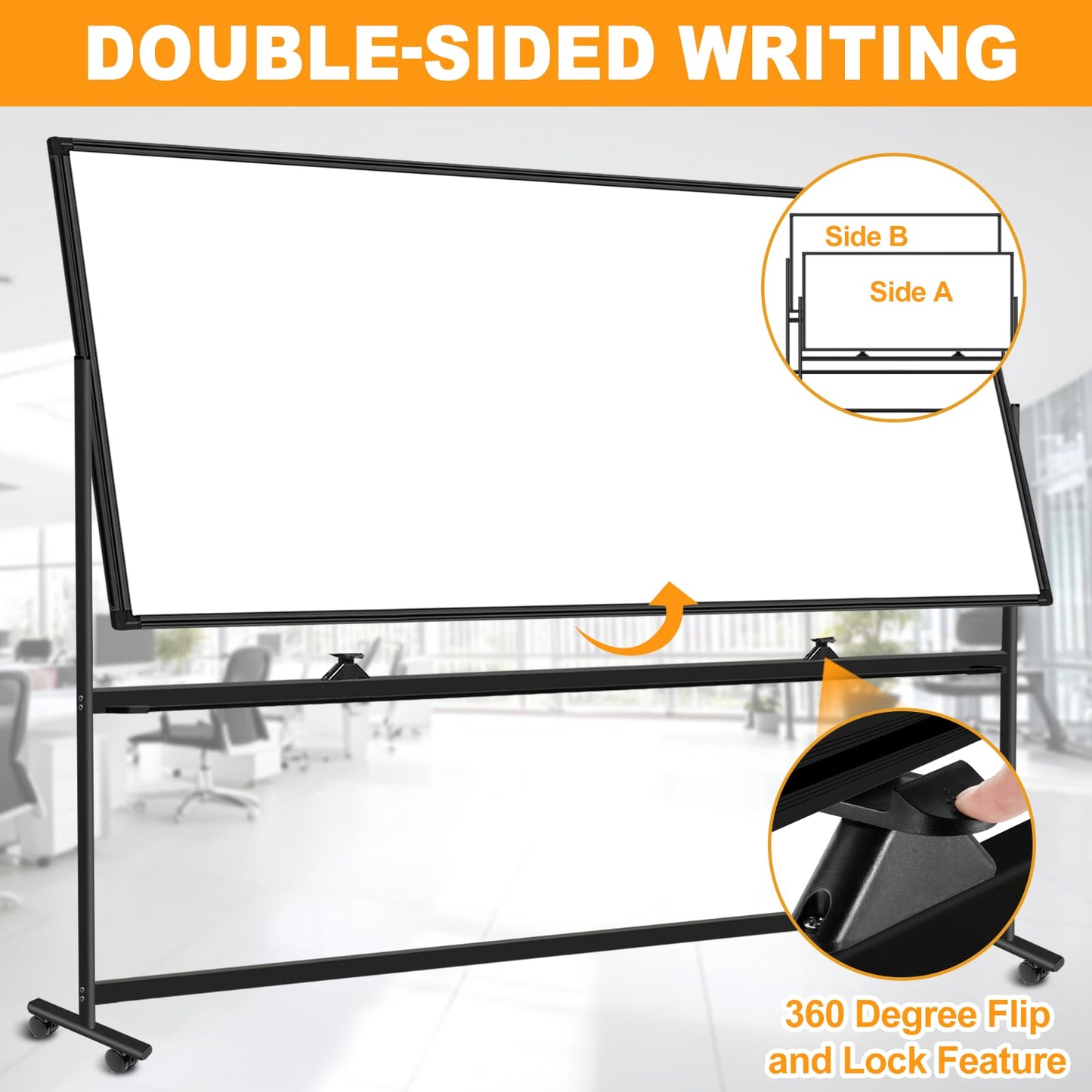 Large Magnetic Rolling Whiteboard on Wheels, 96 x 48 Inches, Double-Sided Mobile White Board with Stand, 8' x 4' Dry Erase Board with Stand for Office, School, Home, 3 Eraser, 6 Markers, 24 Magnets