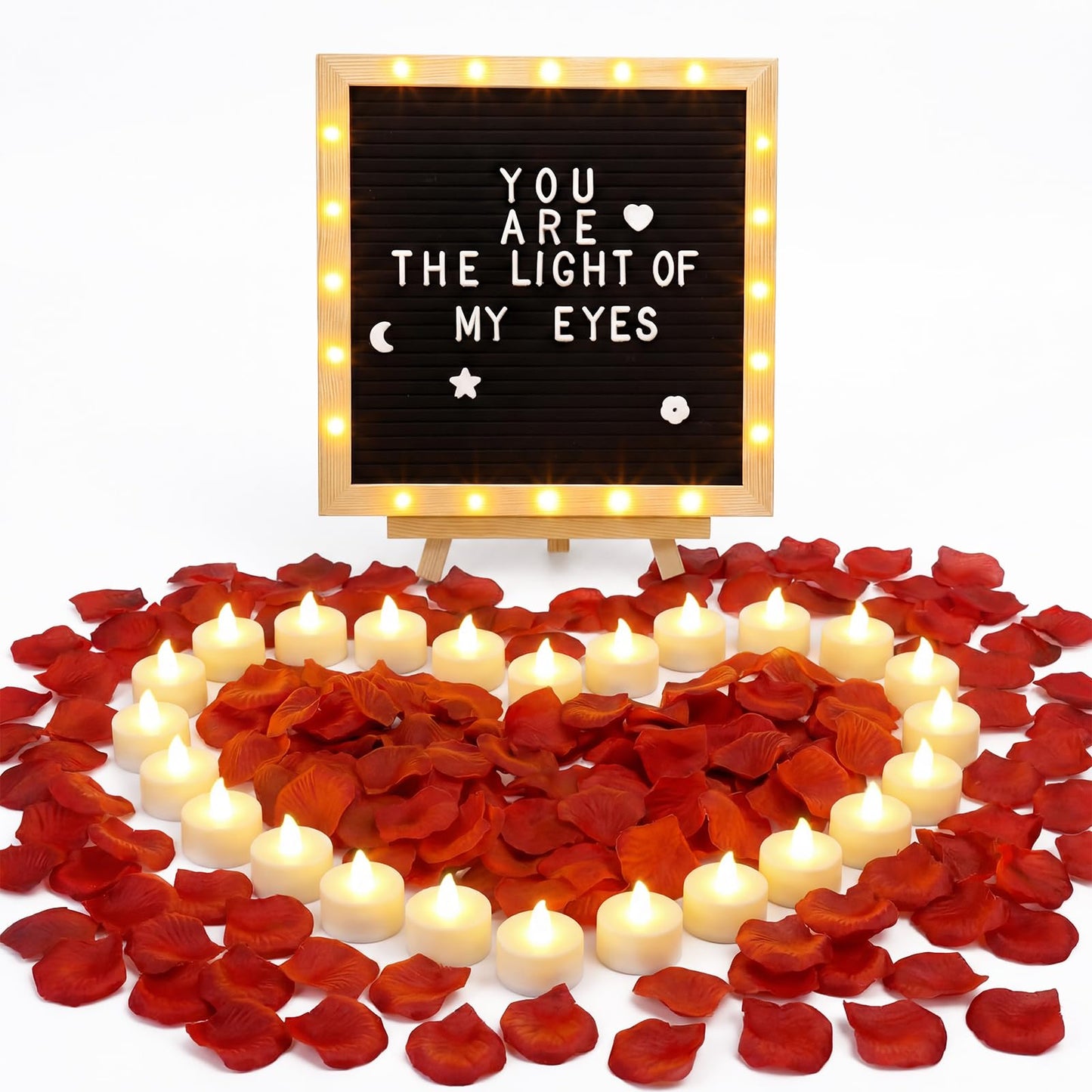Grinsvalley LED Felt Letter Board with Rose Petals and Candles Set, Word Board with Letters, Artificial Rose Petals Flameless Tea Light Candles for Special Night Wedding Romantic Decorations