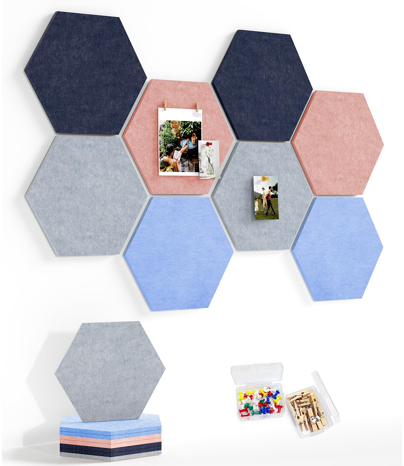 Uoisaiko 8 Pack Hexagon Felt Bulletin Board Tiles - 12" Large Thick Pin Board for Walls with 30 Push Pins, DIY Boards for Office Home School Decor, Aesthetic Hex Cork Board Alternative