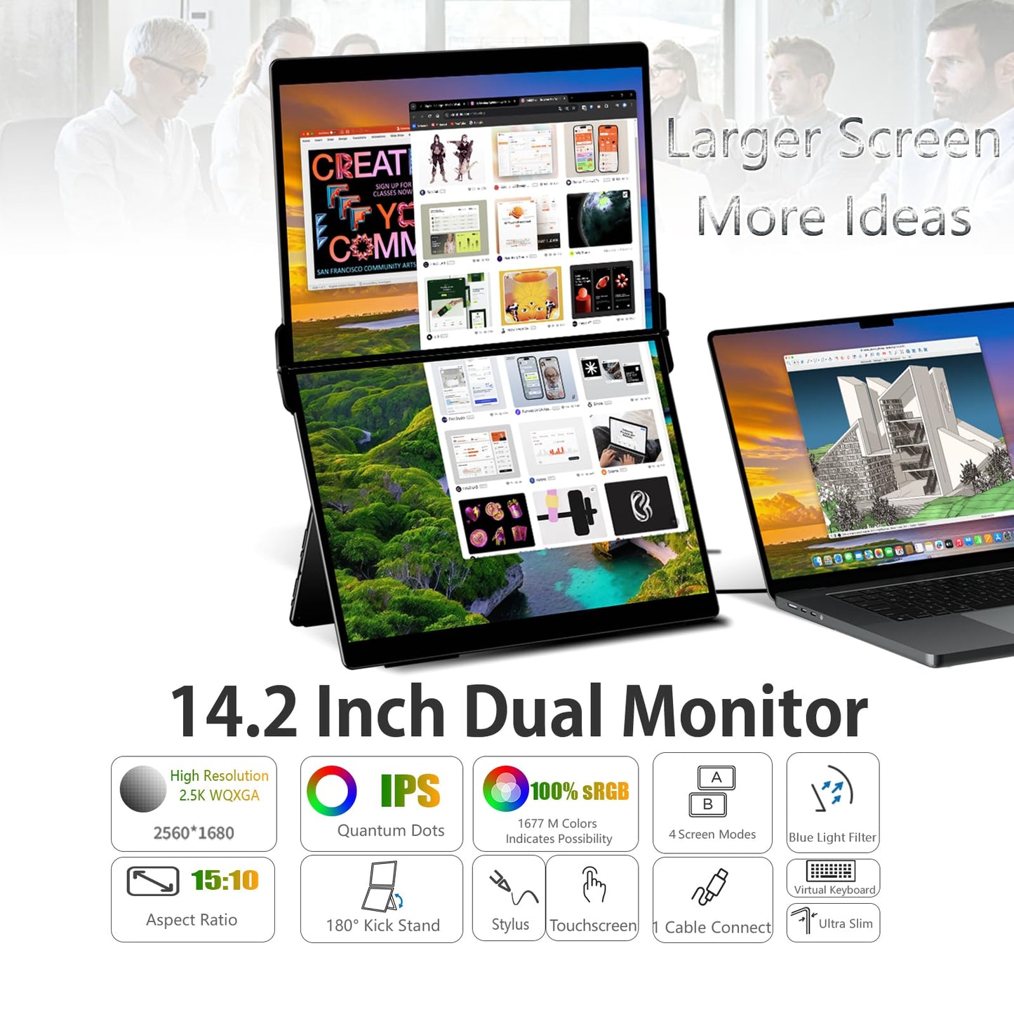 EHOMEWEI X2 Air Foldable Dual Touchscreen Portable Monitor 14.2"×2 2.8K IPS Touch Screen Extender with 4096 Stylus for Laptop