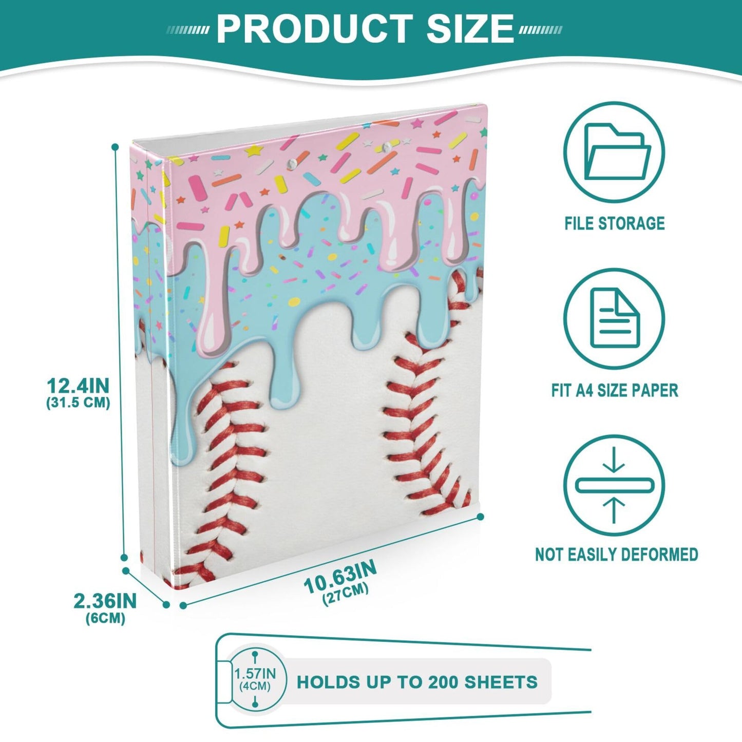 Baseball Red White Stripe Pattern Round Ring Binders 1.5 Inch Ice Cream 3 Ring Clipboard Binder for Office School Work Supplies File Folder 200 Sheet Capacity