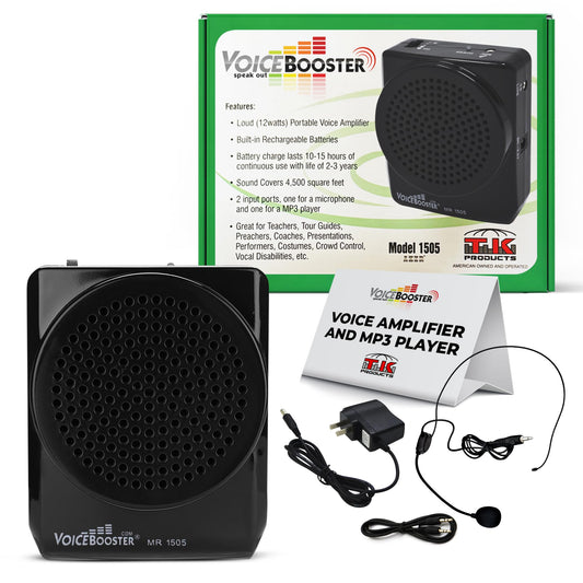 VoiceBooster Portable Voice Amplifier for Teachers - 12W Rechargeable Portable Speaker & MP3 Player with Wearable Microphone Headset for Classroom, Tour Guide, Elderly, Public Speaking - MR1505