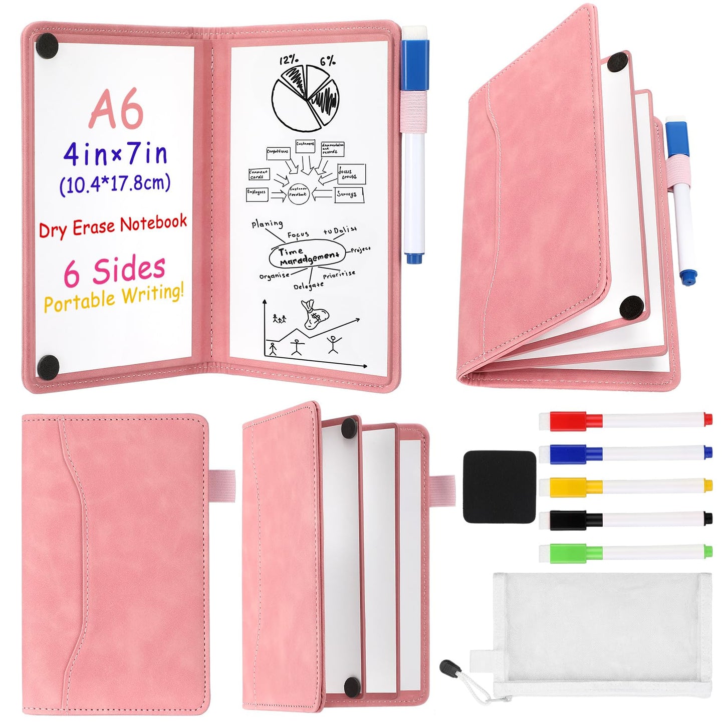 Feifeiya 6 Sides Portable Whiteboard Notebook Dry Erase 7"x4"Foldable Travel White Board, Anti-ghosting Surface, Reusable Erasable Whiteboard Notepad for Office, School, Business Meeting Planning
