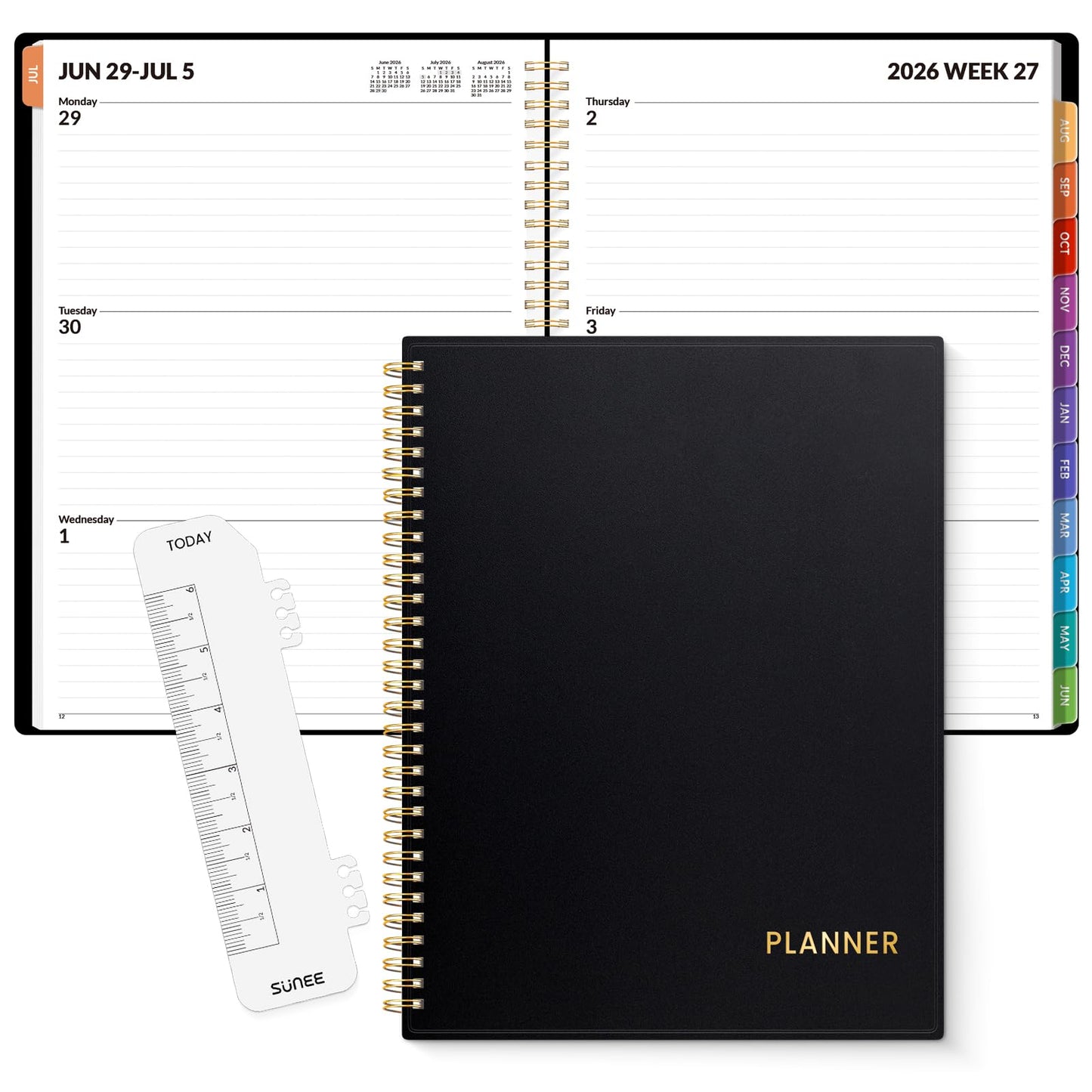 SUNEE Academic Planner 2026-2027 – Weekly & Monthly Planner, July 2026 to June 2027, 8.5"x11", Thick Paper, Tabs, Pockets, Bookmark, Spiral-Bound, Student Teacher Organizer, Black