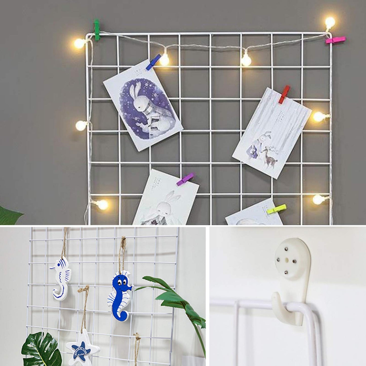 GBYAN 2 Pack Large Wall Grid Panels with Light and Clips, Photo Display Board, Picture Frame Collage Board, Wire Grid Wall Panel Room Decoration,White