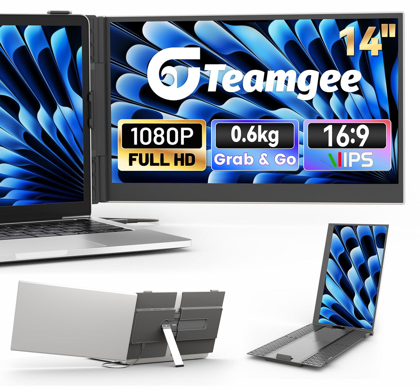 Teamgee 14” Laptop Screen Extender, FHD 1080P Portable Monitor, Ultra-Thin & Lightweight Second Display for Travel, Work, and Gaming, Plug & Play for Mac/Windows/Android/Dex