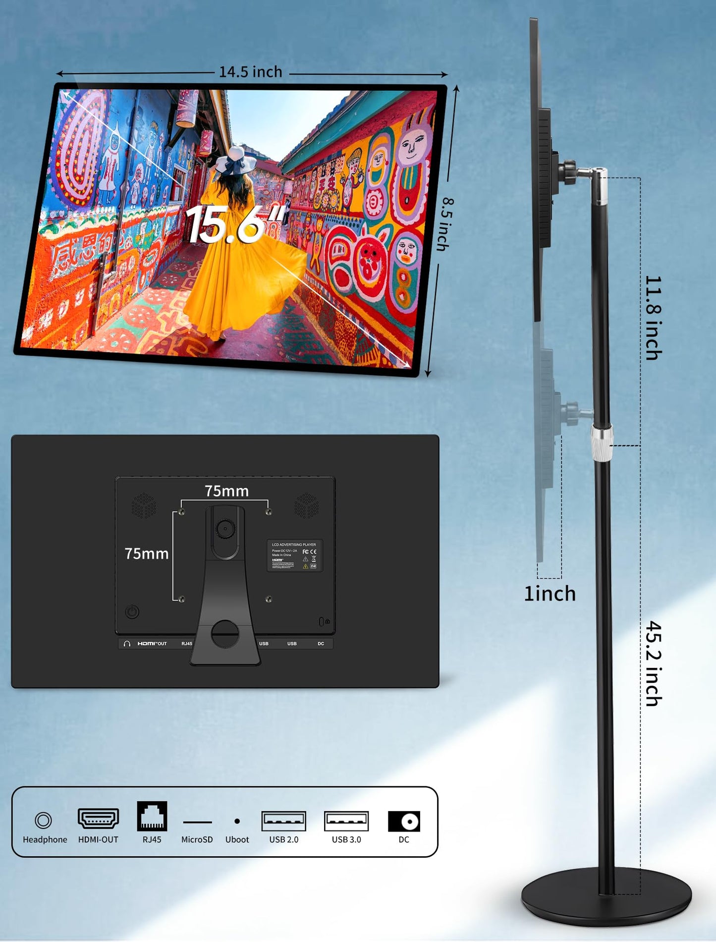 15.6" Digital Signage with 10000mAh Battery, Capacitive Touchscreen Advertising Display, Adjustable Stand, Android 11 Commercial LCD Monitor with Auto Play, Wireless Screen Mirroring, 8+128GB, Black