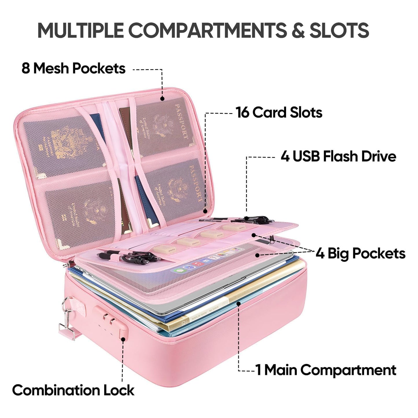 BALEINE Fireproof Document Box with Lock, Portable Fireproof Document Bag Waterproof Fire Proof File Boxes for Documents, File Organizer Box for Important Paperwork (Pink, 15''x11''x4'')