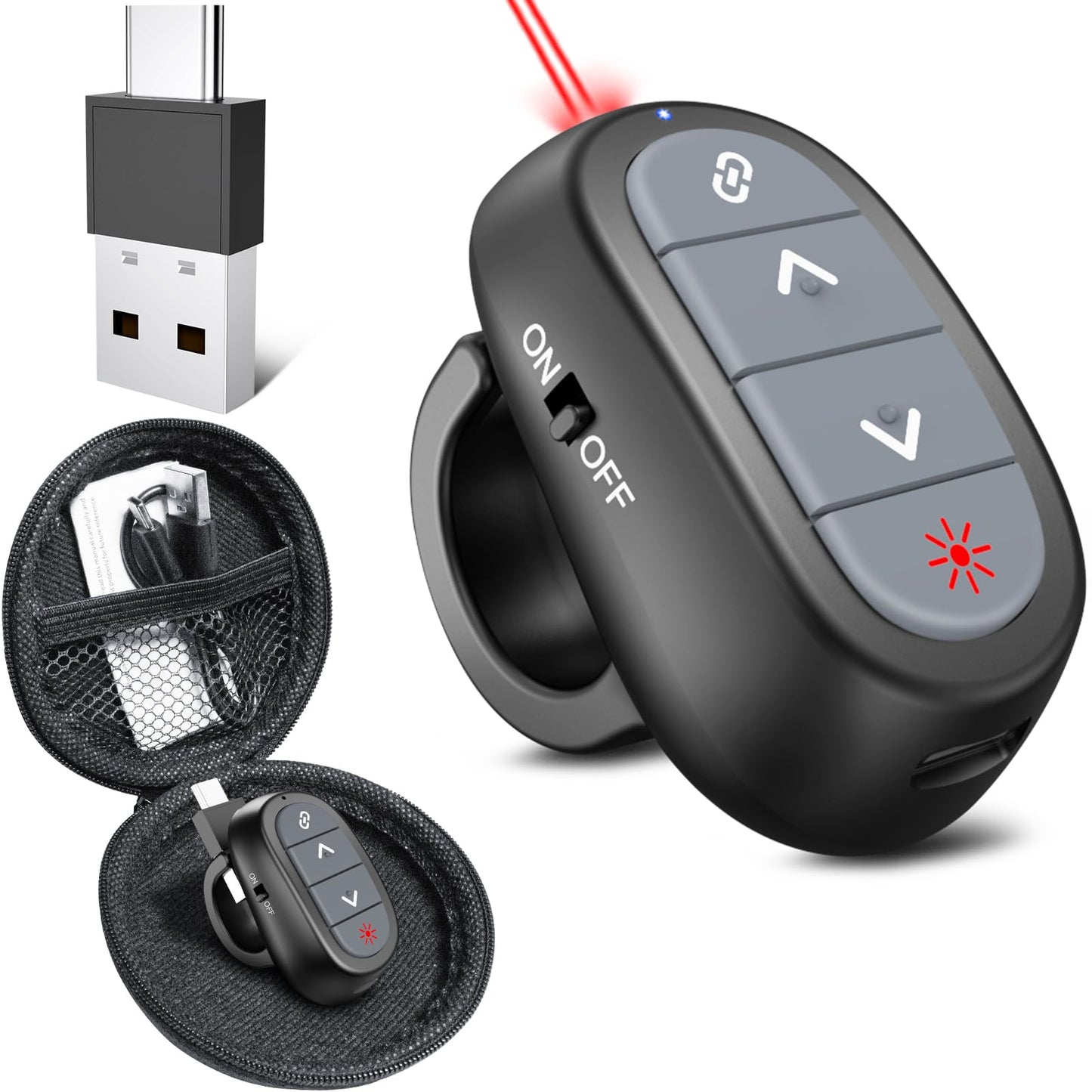 Presentation Clicker PowerPoint Wireless Presenter Remote: USB C Laser Pointer Computer Clickers, Hyperlink Finger Ring Project Power Point PPT Clicker for Mac Laptop Office, Google Slide Advancer