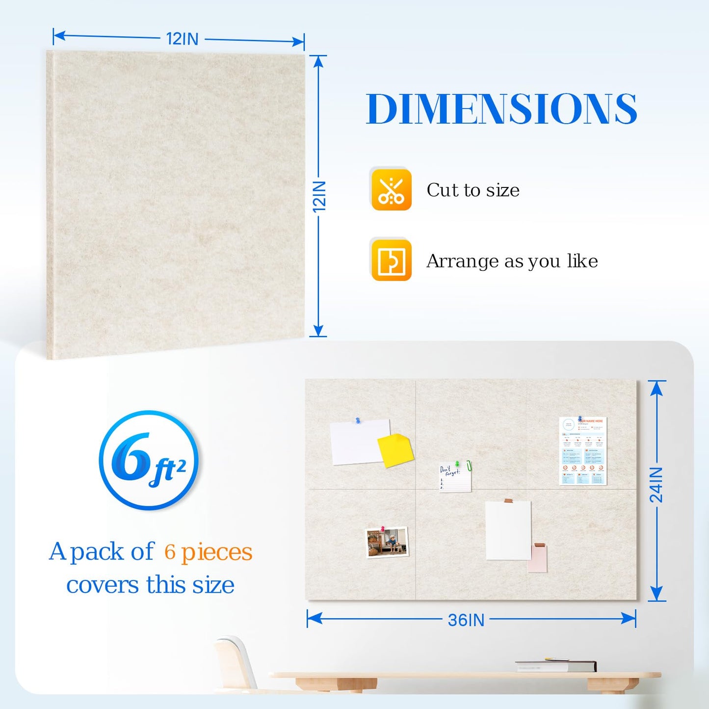 DOLLAR BOSS Felt Cork Board Tiles, 6 Packs 12" x 12" 1/2" Thick Cork Bulletin Board Adhesive Acoustic Panels Soundproof Corkboards for Walls with 60 Pushpins for Home Office Kitchen School, Beige