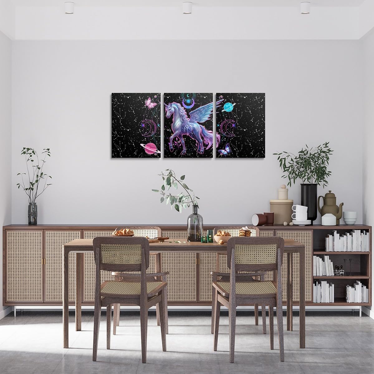 Feelyou Galaxy Unicorn 3 Piece Canvas Wall Art for Living Room Bedroom Solar System Wall Art for Home Decor Moon Star Office Wall Decor Space Outer Sky Wall Painting