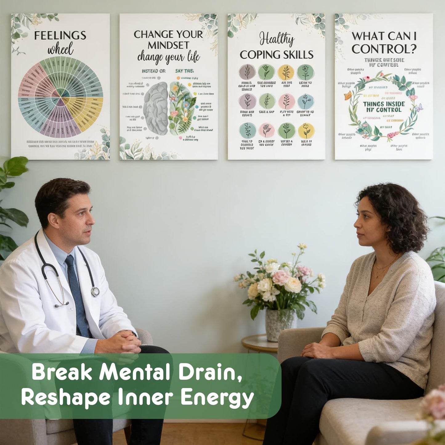 SEOIFUNG 12 Pcs Mental Health Growth Mindset Change Posters Set (11x17") - Safe Space Feelings Wheel Coping Skill Poster for Therapy Counseling Office School Home Wall Decor Counselor Therapist Gifts
