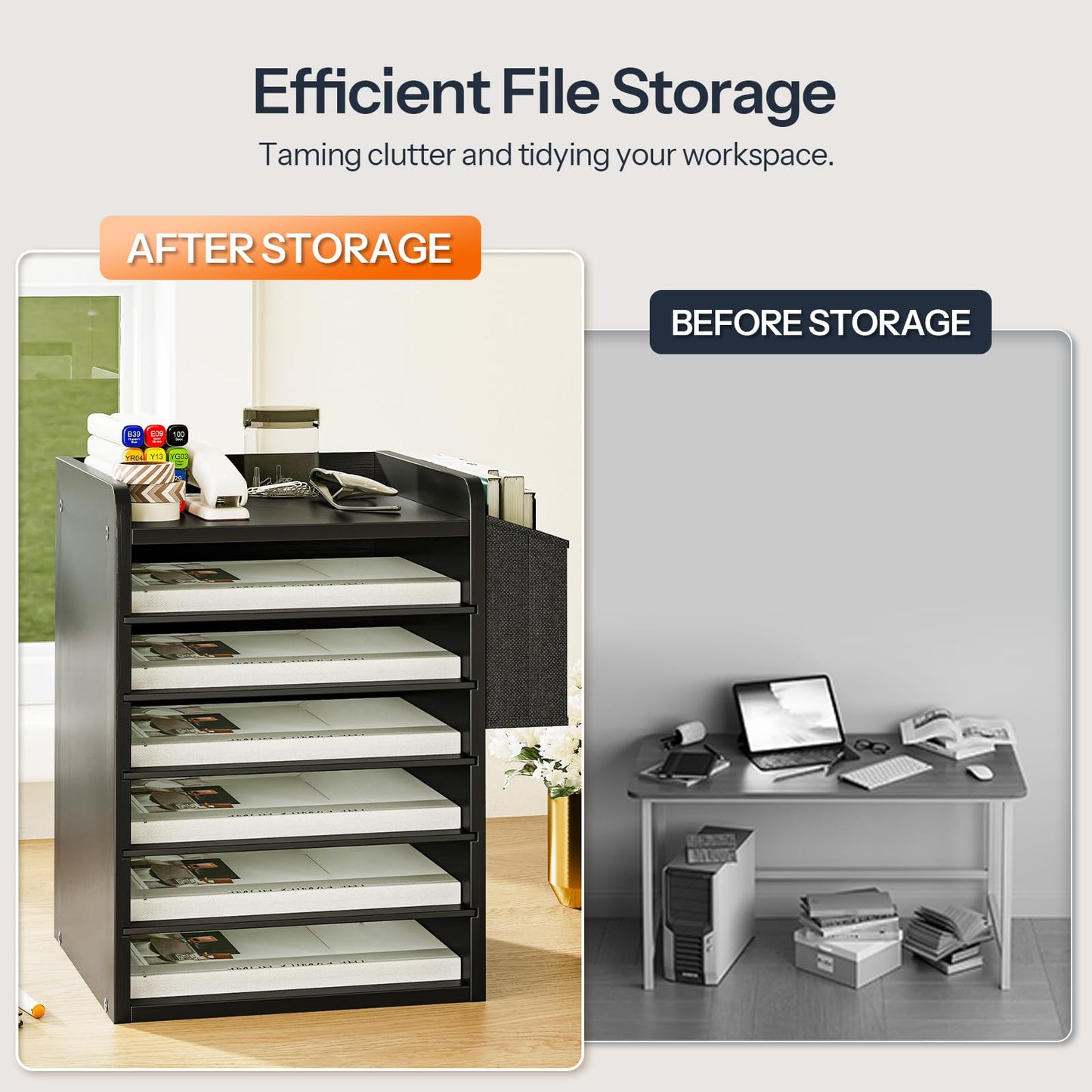 HOOBRO Adjustable Countertop Mail Sorter, 6 Tier Wooden Paper Organizer, Vertical Literature Organizer with Side Storage, Office Mailbox Cubbies, Classroom Mailbox, for Home, Office, Black BB34WF01