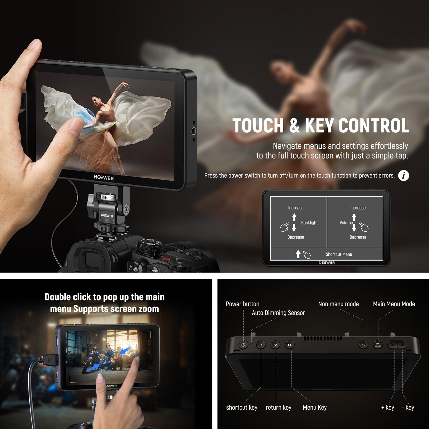 NEEWER F700 7" Camera Field Monitor, 2000nit HD 1920x1080 IPS Touch Screen with 3D LUT, 4K HDMI Loop in/Out with Peak Focus DSLR Video Assist HDR Waveform, Cold Shoe Mount, 2 NP-F750 Batteries & Cable