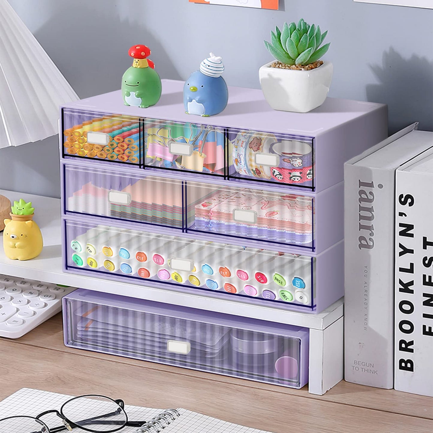 3 Tier Stackable Desk Organizer with 6 Drawers, Plastic Desktop Storage Box Drawers, Detachable Makeup Storage Office Stationery Supplies Organizer for Office School(Purple)