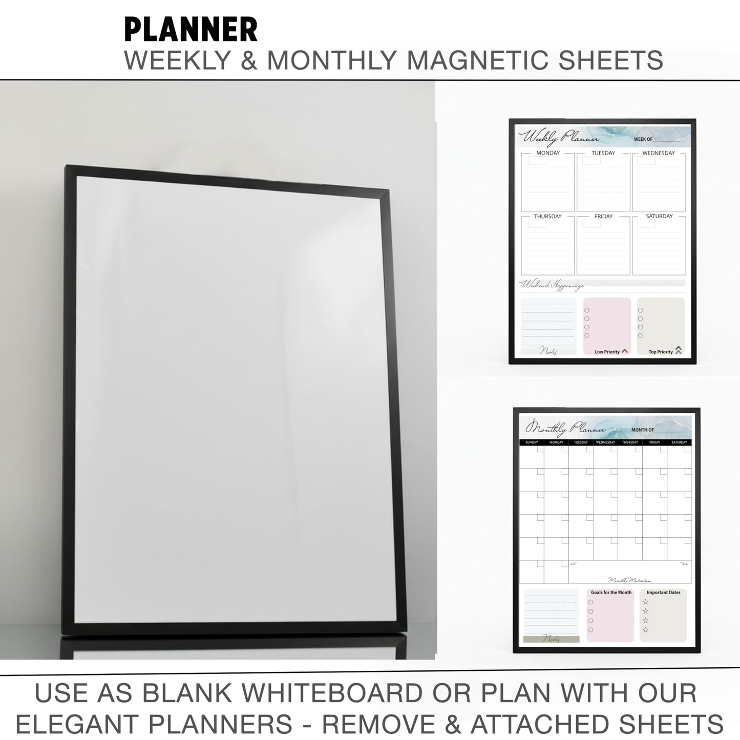 Lulu Office Magnetic Dry Erase Board 12x16 with Foldable Stand, Portable Black Desktop Whiteboard for Home, Office, School & Kitchen, Includes Weekly & Monthly Magnetic Planner Sheets