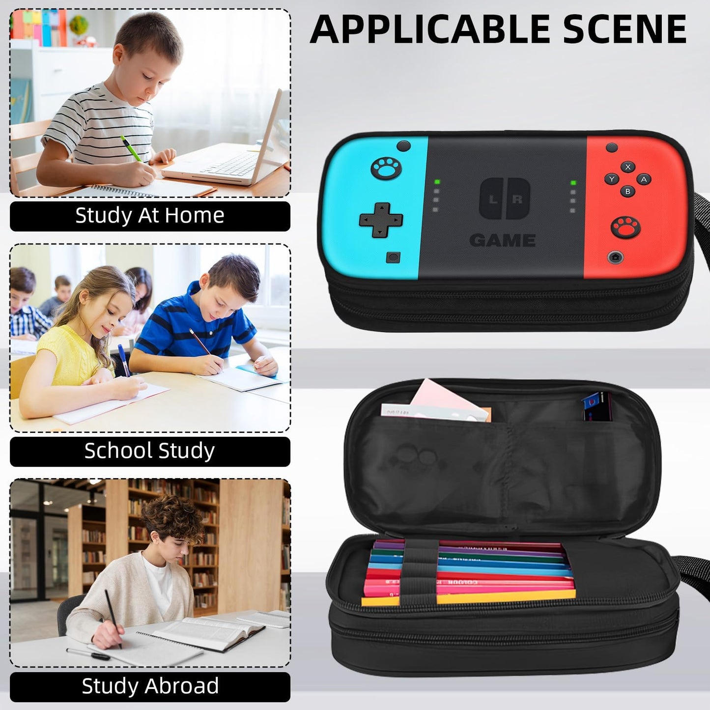 JIRAIKEI Gamer Pencil Case for Boys, Large Boys Pencil Pouch for Kids Teens School, Big Capacity Pen Box Pen Bag Organizer with 2 Compartments & Zipper