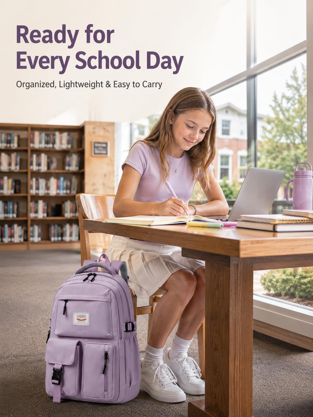 FIORETTO School Backpack for Teen Girls & Women with Compartment, Lightweight School Bag Bookbag with Multiple Pockets, Ideal for Middle High School, College, Travel, Purple 25L