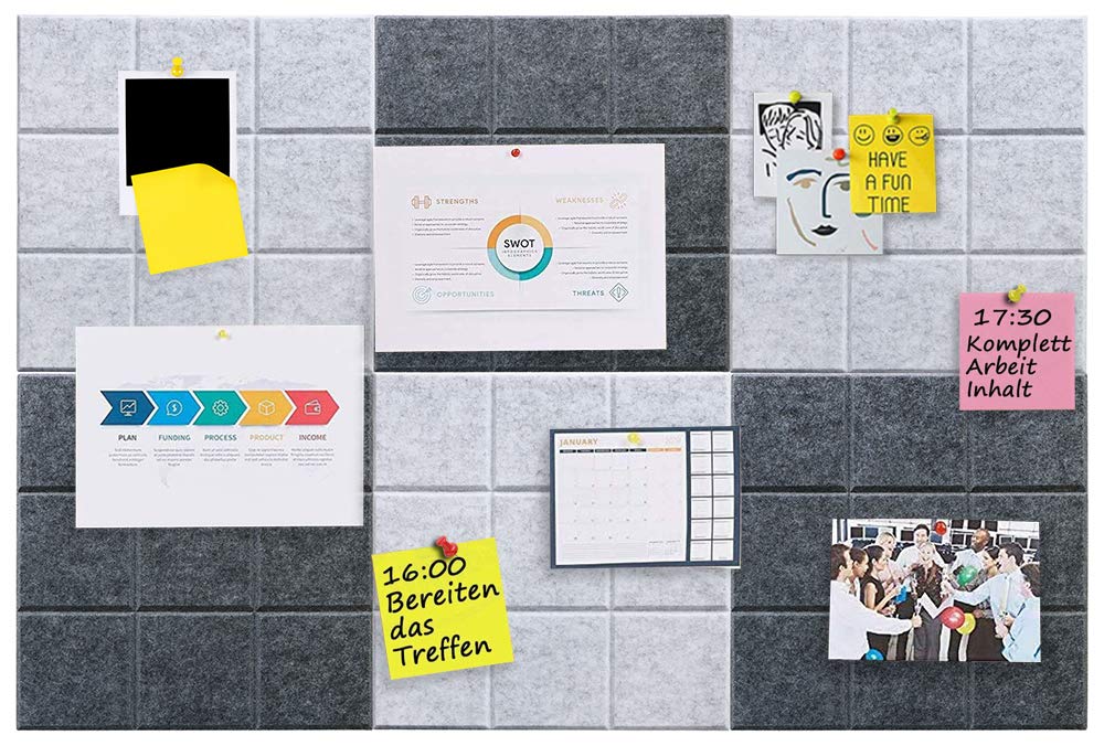 Uoisaiko Large Felt Board Tiles for Wall with Pack of 6 Pin Board Notice Boards for Home Office Kitchen, Bulletin Board Wall Tiles for Photos Memos (Drak Grey+Light Grey, 6 Pack)