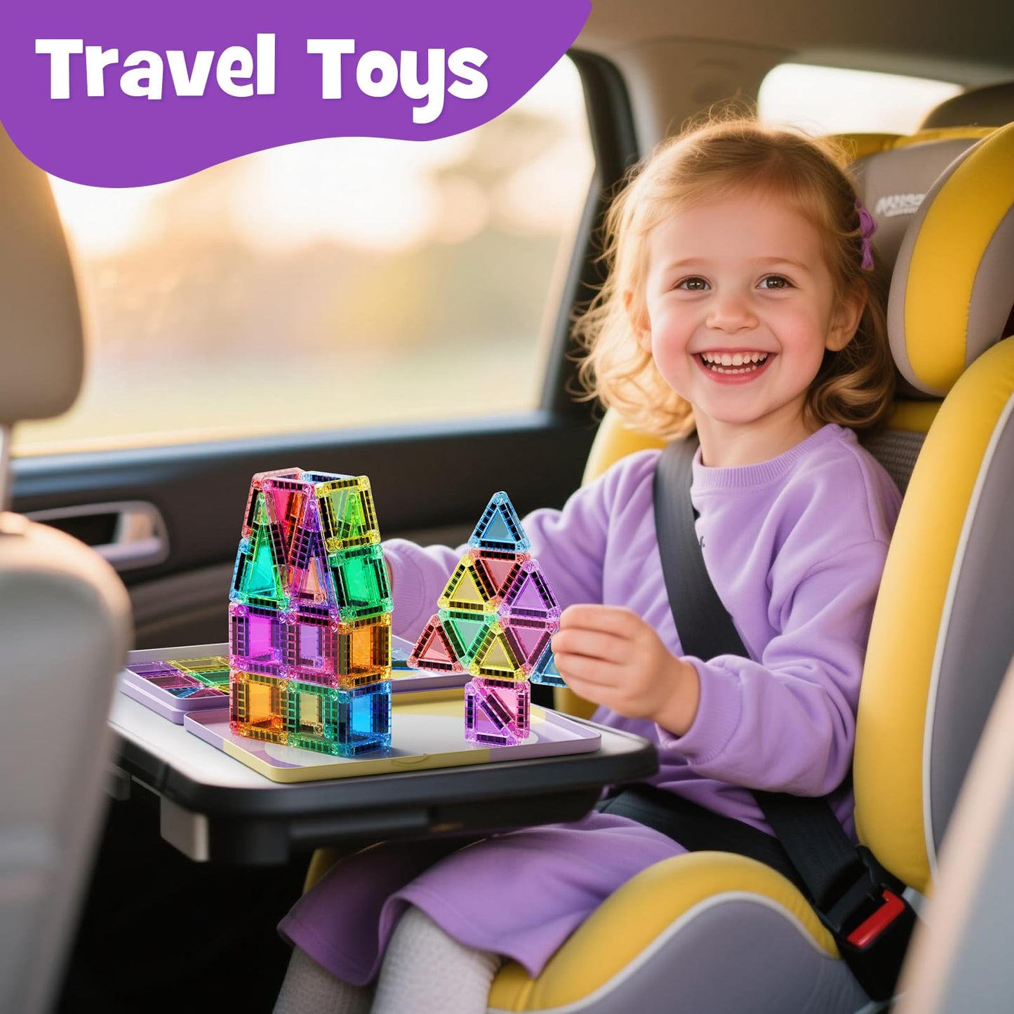 MEIQ 42-Piece Mini Magnetic Tiles Travel Set with Metal Storage Box - Portable STEM Building Blocks for Kids Ages 3-8, Montessori Educational Toys for Airplane & Car Rides, Gift for Boys & Girls