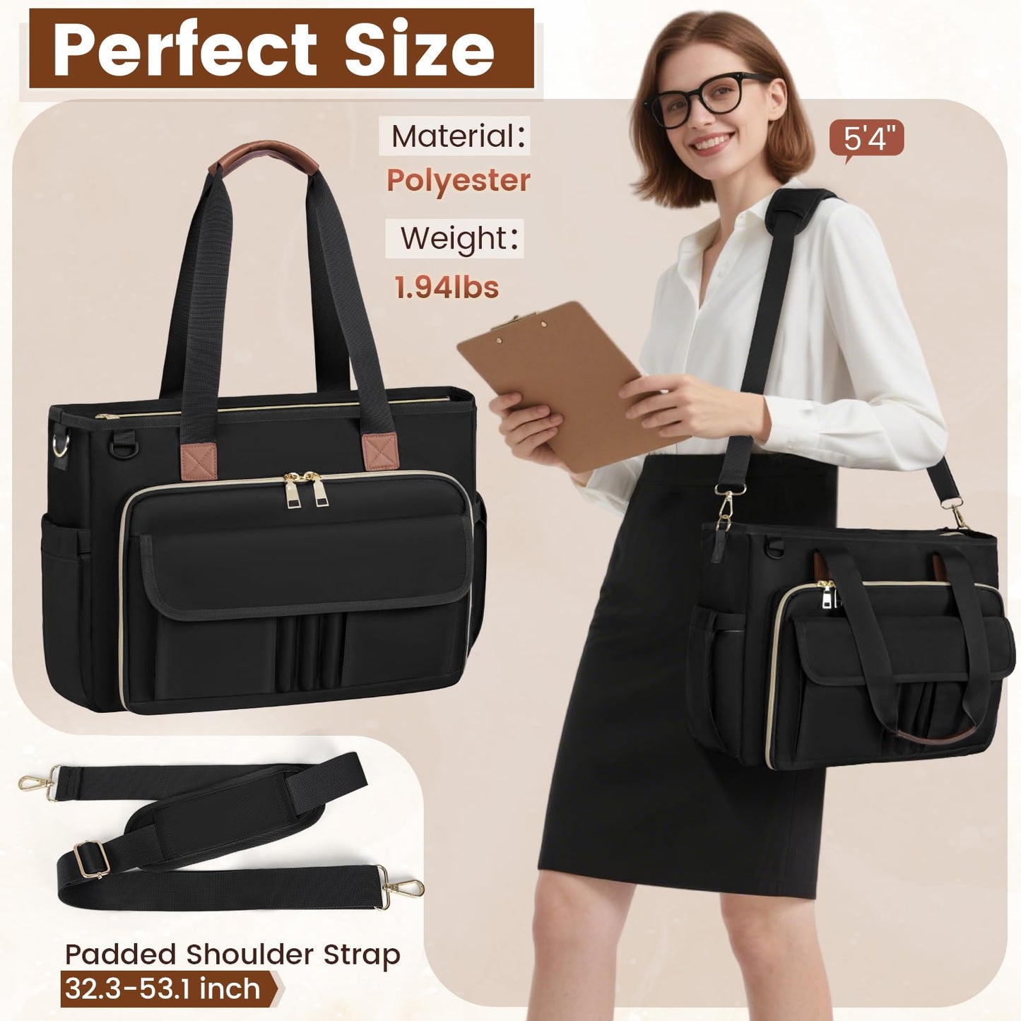 RAINSMORE Teacher Tote Bag 15.6 inch Laptop Bag for Women Work Bags Nurse Bag Lightweight Laptop Tote Computer Messenger Shoulder Bags with Insulated Pocket, Professional Laptop Briefcase