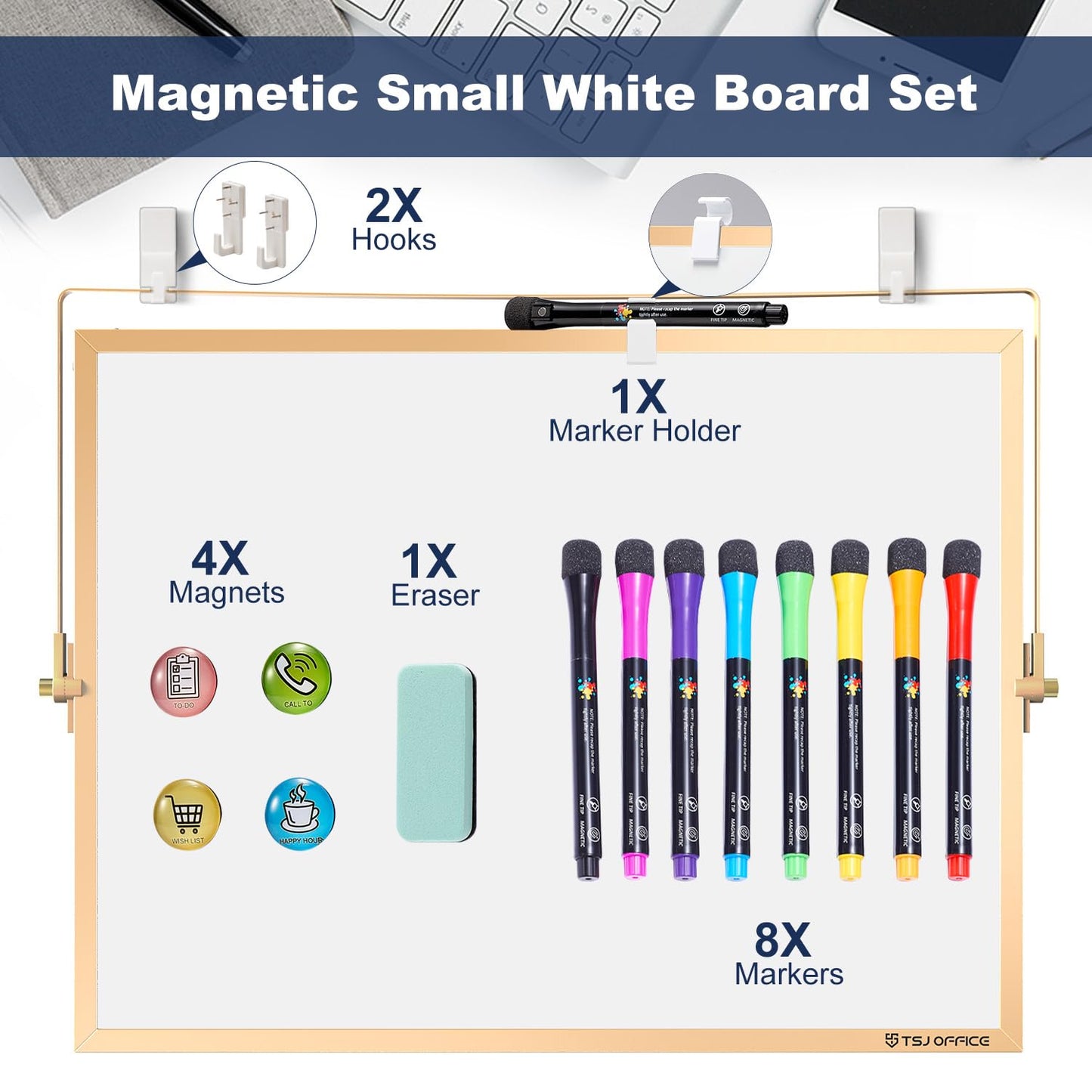 TSJ OFFICE Small White Board - 12 X 16 Inches Small Magnetic Dry Erase Board with Hooks for Wall, Desktop Whiteboard Stand 360 Degrees Revolving Double Sided for Office, Home, School, Gold