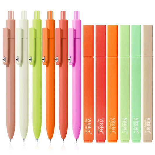 Piochoo Highlighters and Pens, 6PCS No Bleed Aesthetic Highlighters and 6PCS 0.5mm Black Ink Gel Pens for Journaling, School and Office Supplies