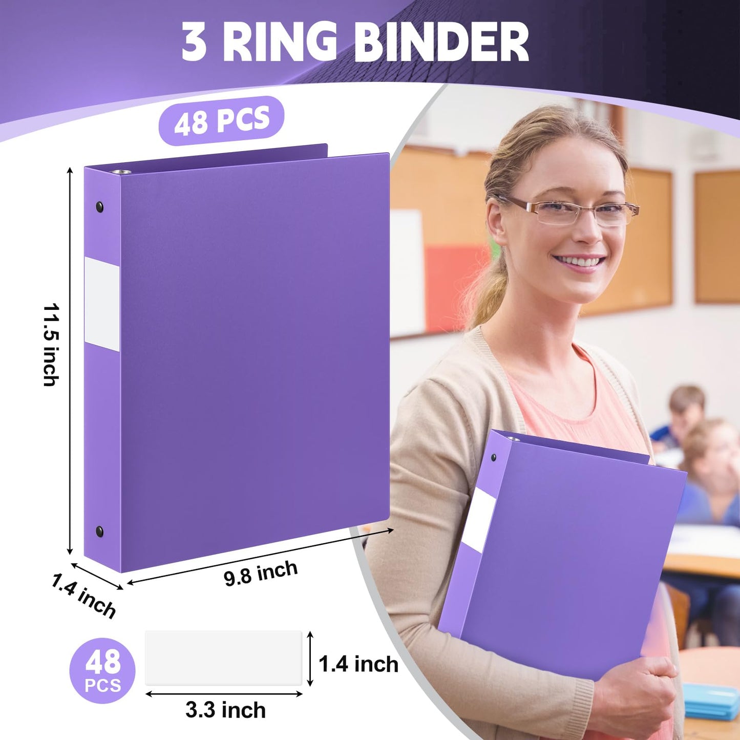 Henoyso 48 Pack 1 Inch 3 Ring Plastic Binders, Bulk Flexible PP Binders for Classroom & School Supplies, Letter Size 8.5 x 11, Holds 240 Sheets with Interior Pocket (Purple)
