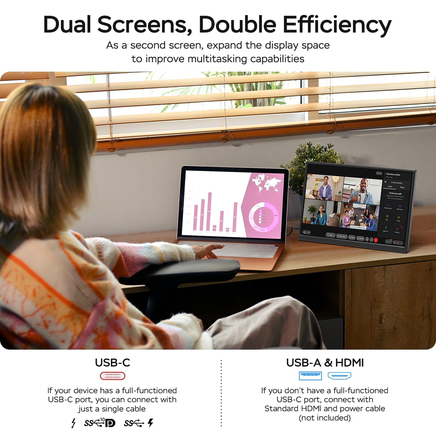 WGK 14 inch Portable Monitor 1200P FHD+ 100% sRGB Travel Display HDMI/USB-C Compatible with Laptops, Desktops, Phones, PS, Mac, Xbox, Switch, and Other Gaming Devices Includes Stand and Speakers VESA