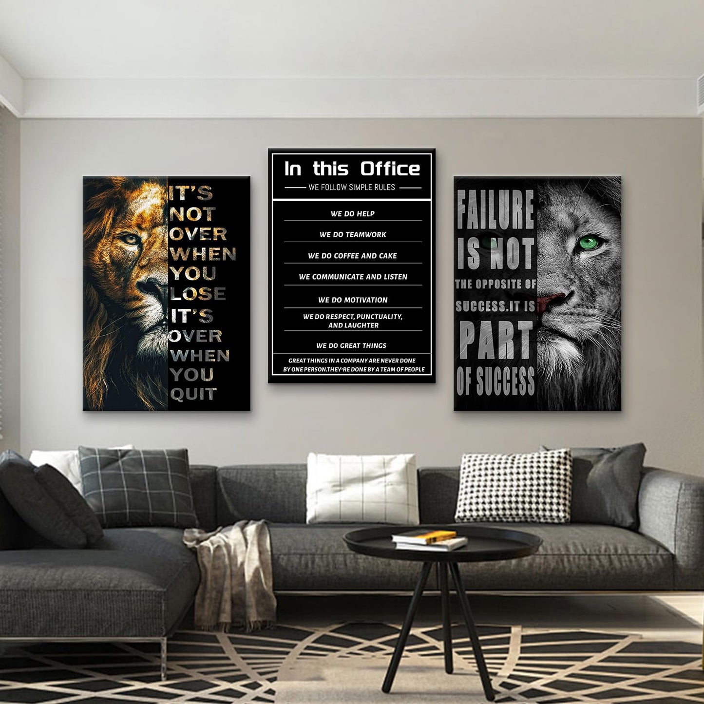 PSYYSP Motivational Triptych Wall Decor Lion Failure Success Canvas Art, Black Office Quote Posters for Office, Gym, Living Room, Workspace, Framed Canvas 60x28inch Set