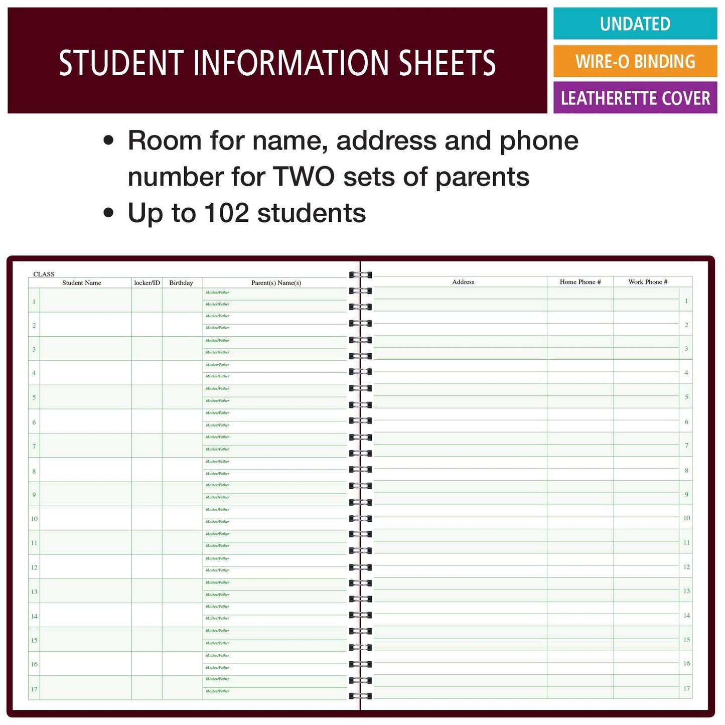 Class Record Book for 9-10 Weeks. 35 Names. Larger Grade Recording Squares. (R1035)