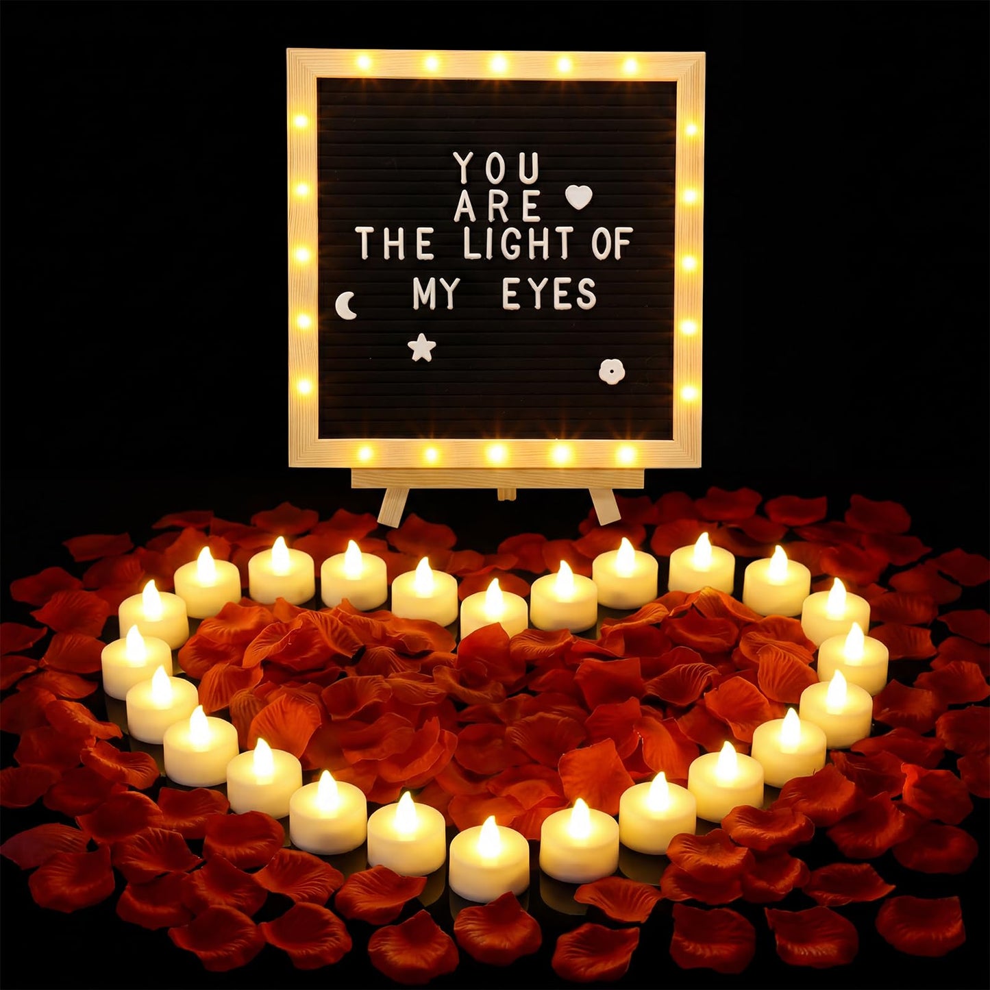 Grinsvalley LED Felt Letter Board with Rose Petals and Candles Set, Word Board with Letters, Artificial Rose Petals Flameless Tea Light Candles for Special Night Wedding Romantic Decorations