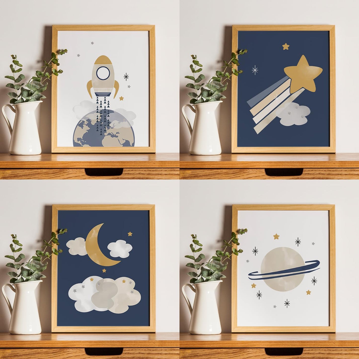 JXREQ Space Nursery Decor for Kids Boys Toddler Room Playroom Nursery Classroom Space Posters Wall Art Prints Set of 4, Cute Wall Decor for Kid Baby Boy Bedroom, 8x10 Inch Unframed