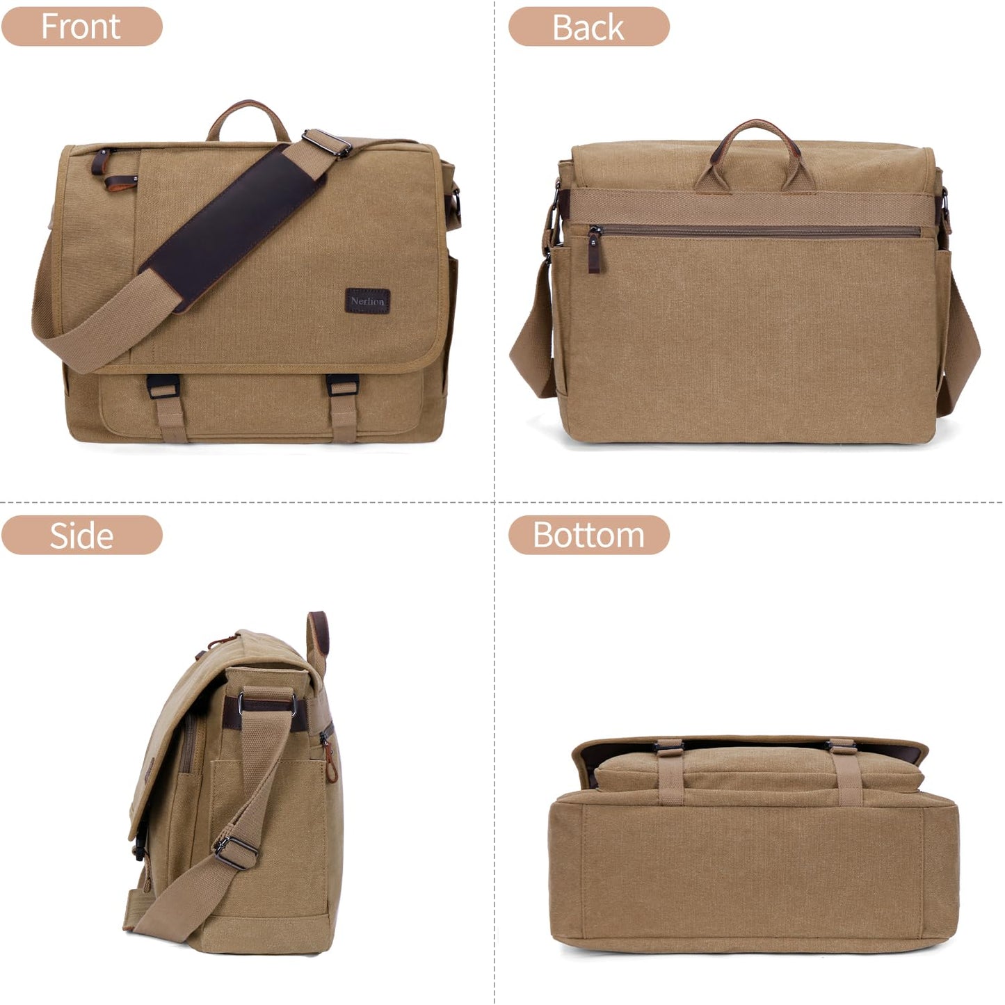 Nerlion Messenger Bag for Men 17-17.3 Inch Laptop Bag Canvas Water-resistant Computer Bag Shoulder Bag Work Briefcase Bookbag for College (Brown)