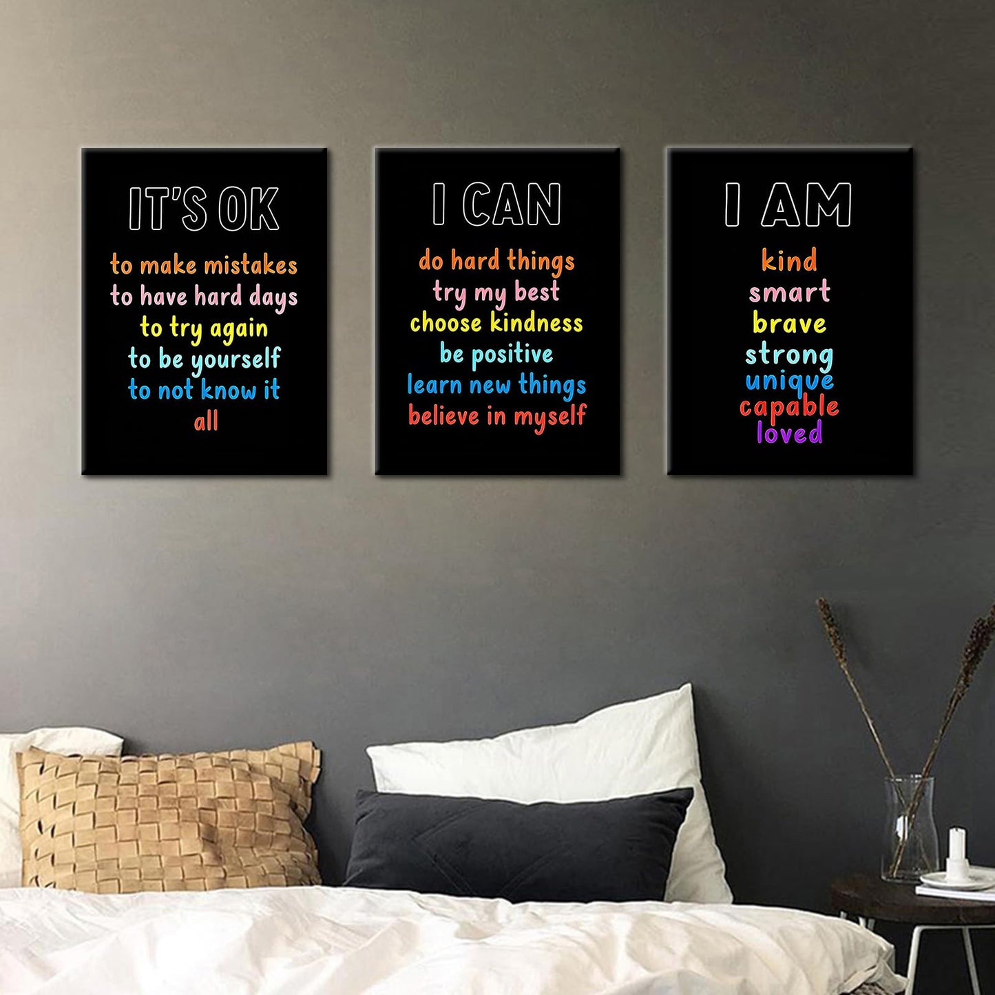 PSYYSP Positive Affirmations Wall Decor For Kids Bedroom Classroom Posters Growth Mindset I Am I Can It Is Ok Inspirational Canvas Art Set 3 Piece Framed Office Decor 16x36 Inch Triptych Artwork