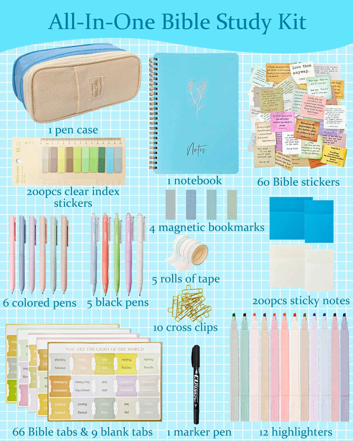 Piemow Bible Study Supplies - Bible Journaling Kit with Tabs, Highlighter, Notebook, Pen Case, Sticky Notes and More, Scripture Study Accessories for Women, Students, Beginner Christian Gifts