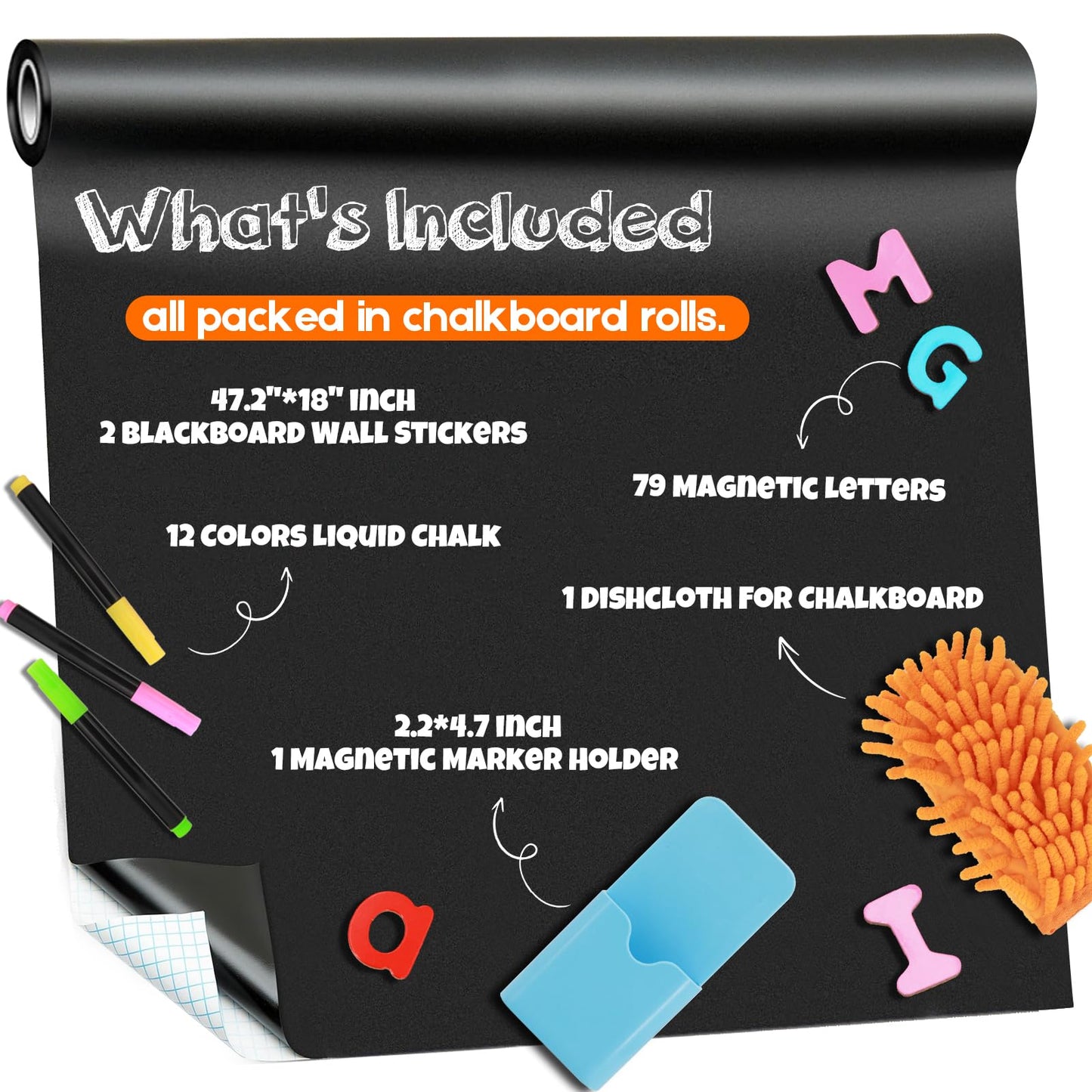 Ykall Magnetic Chalkboard Contact Paper for Wall, 47.2" x 18" 2 Pcs Self-Adhesive Blackboard Wallpaper Peel and Stick Wall with 93 Pcs Kit for Kids, Magnet Wall Sheet with Kit for Home Playroom